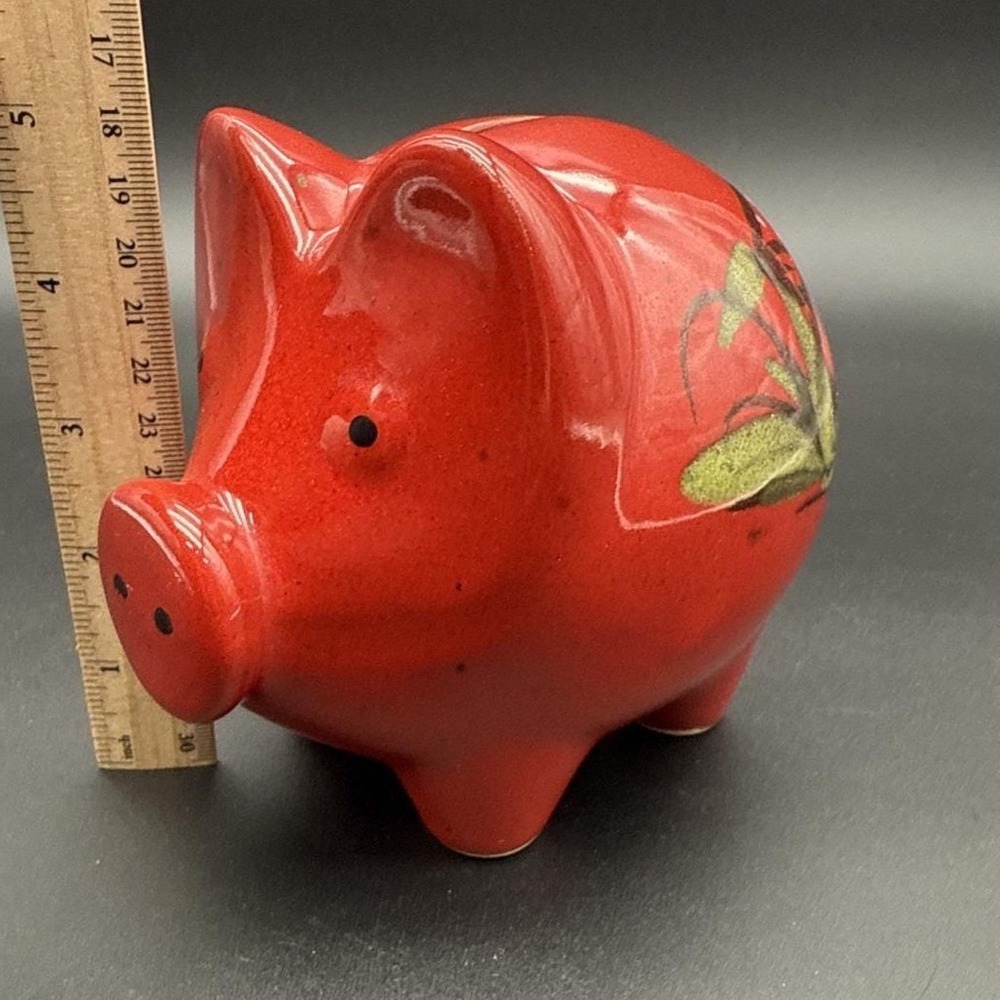 Vtg Stoneware/Ceramic Red Piggy Bank Glazed Pig Mushroom Floral 1979 Germany - Picture 10 of 10